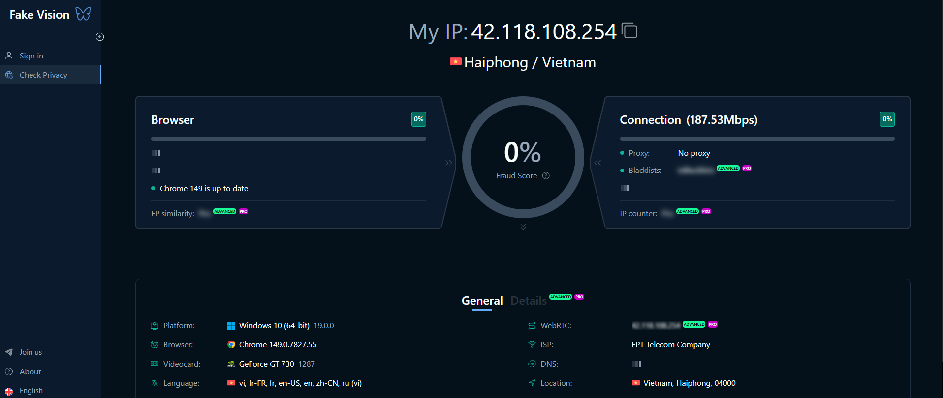 FVPro browser privacy test showing IP address, WebRTC, connection status, and fraud score