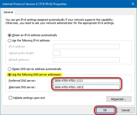 IPv6 addresses of DNS 1.1.1.1
