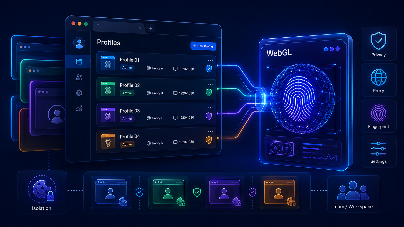 WebGL fingerprinting and antidetect browser profiles showing controlled fingerprints, proxies, privacy settings, workspace isolation, and team access