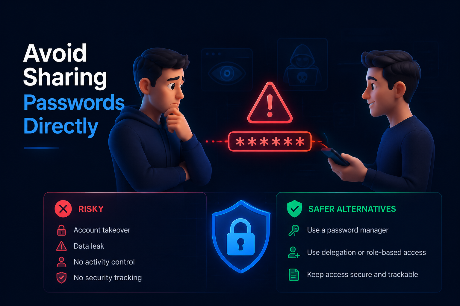 Avoid sharing passwords directly when managing multiple Gmail accounts to prevent data leaks, account takeover, and access control risks