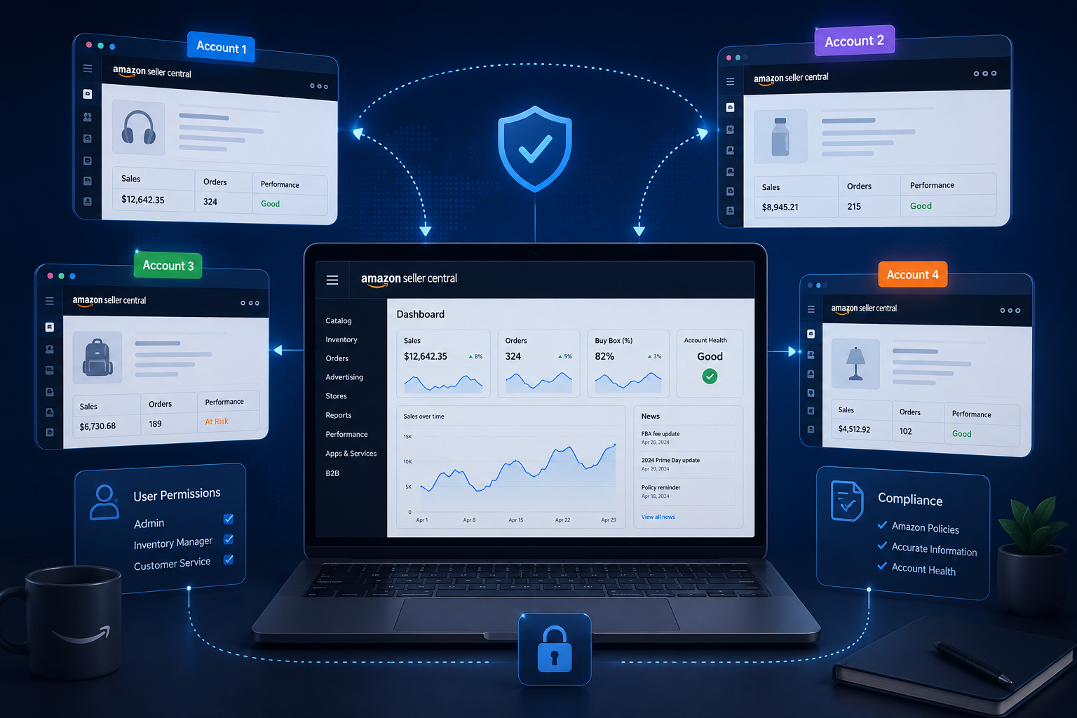 Dashboard for managing multiple Amazon seller accounts with secure access, user permissions, account health monitoring, and compliance controls.