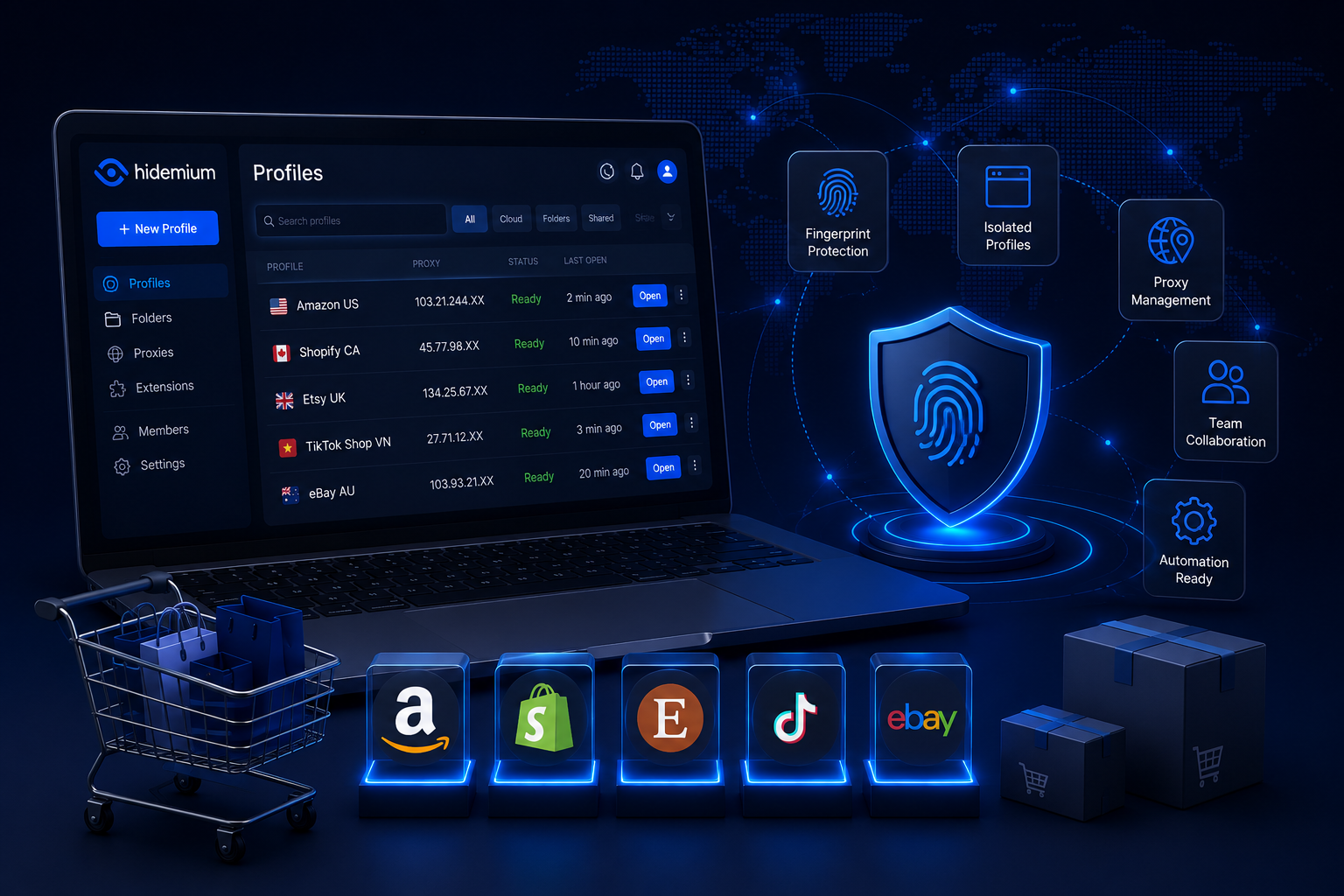 Antidetect browser for ecommerce dashboard with isolated store profiles, fingerprint protection, proxy management, team collaboration, and automation tools.
