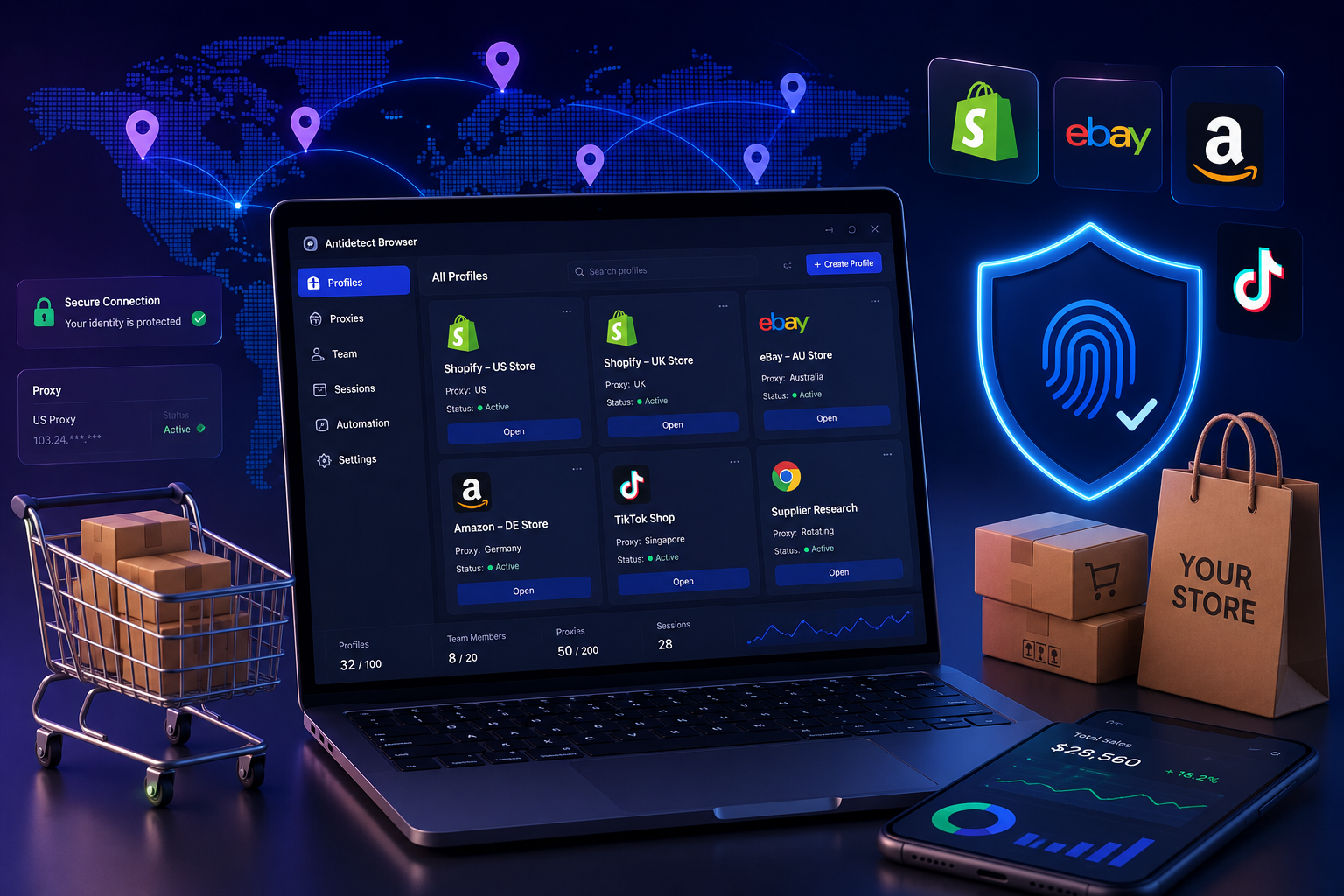 Antidetect browser for dropshipping with multiple store profiles, proxy management, fingerprint protection, global connections, ecommerce platforms, shipping boxes, and sales analytics.