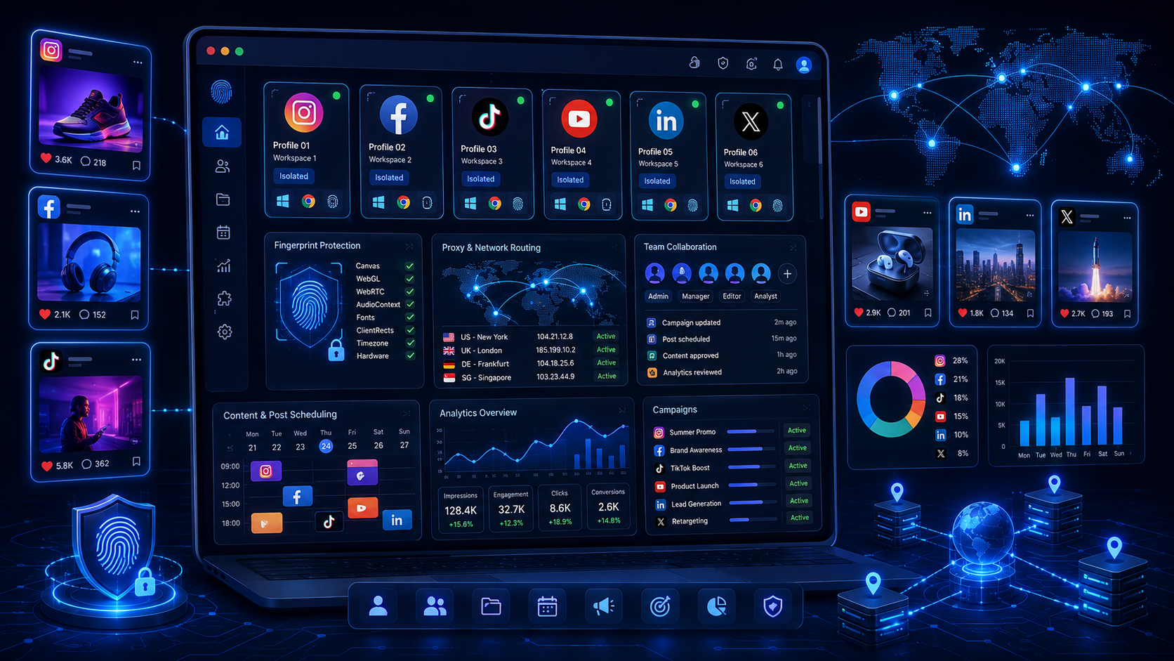 Antidetect browser for social media marketing with isolated account profiles, fingerprint protection, global proxy connections, and secure access to multiple social platforms.