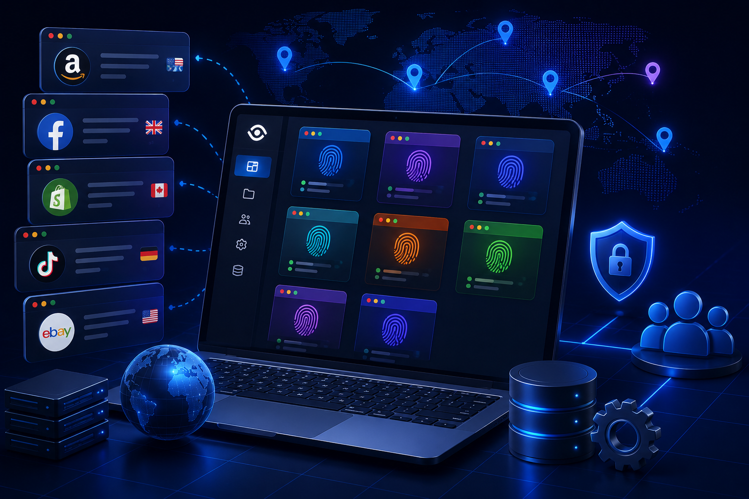 Browser profile management dashboard showing isolated profiles, proxy locations, team access, and secure global account operations.