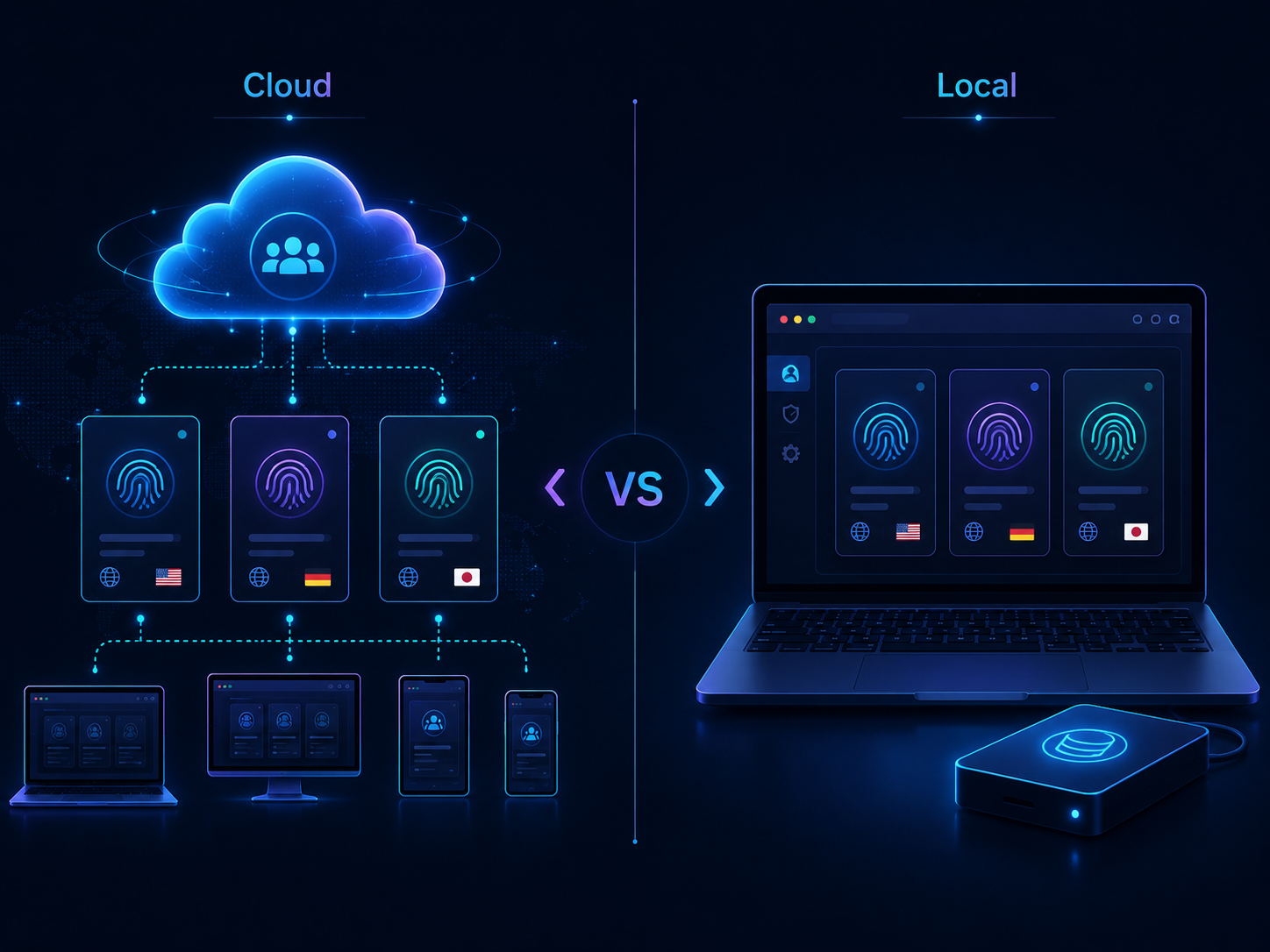 Cloud vs local browser profiles comparison showing cloud-synced profiles across multiple devices versus locally stored profiles on a single workstation.
